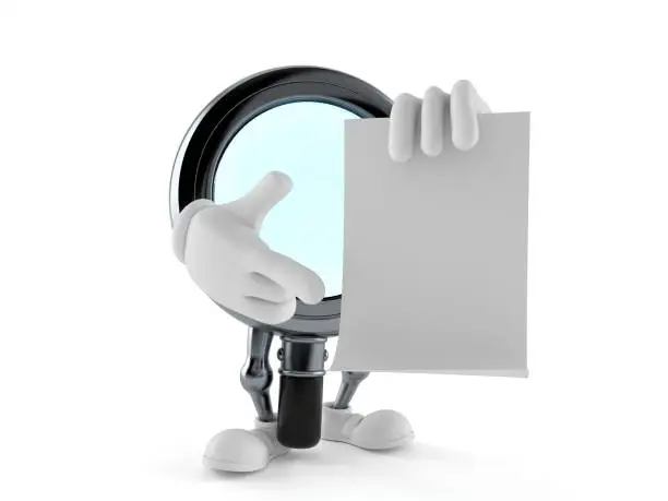 Photo of Magnifying glass character holding blank sheet of paper