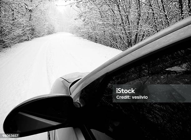 Winter Drive Stock Photo - Download Image Now - Bare Tree, Black And White, Car