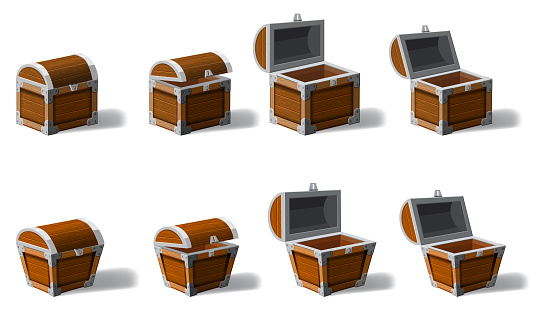 Set old pirate chests full of treasures, gold coins, vector, cartoon style, illustration, isolated. For games, advertising applications