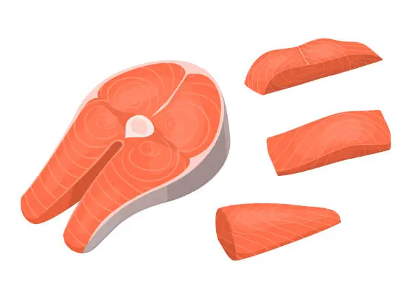 Vector illustration of Cartoon Steak and Pieces of Salmon Set. Vector