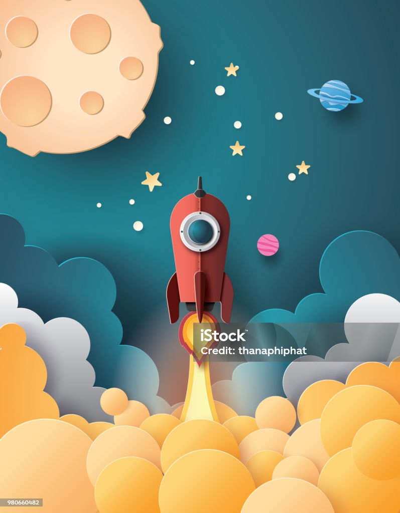 Space rocket launch and galaxy . Space rocket launch and galaxy .paper art style. Rocketship stock vector