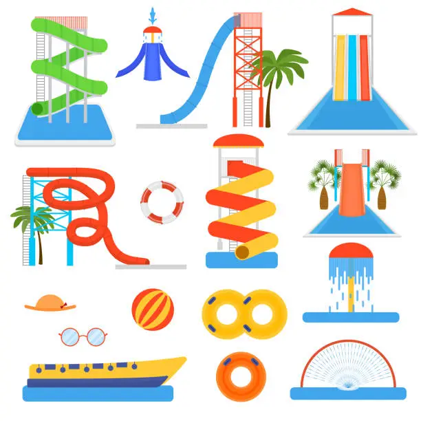 Vector illustration of Cartoon Aquapark Playground Elements Set. Vector