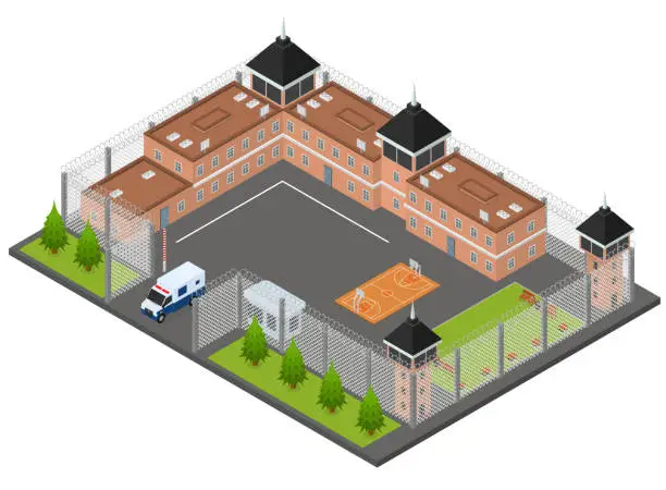 Vector illustration of Prison Penitentiary Concept 3d Isometric View. Vector