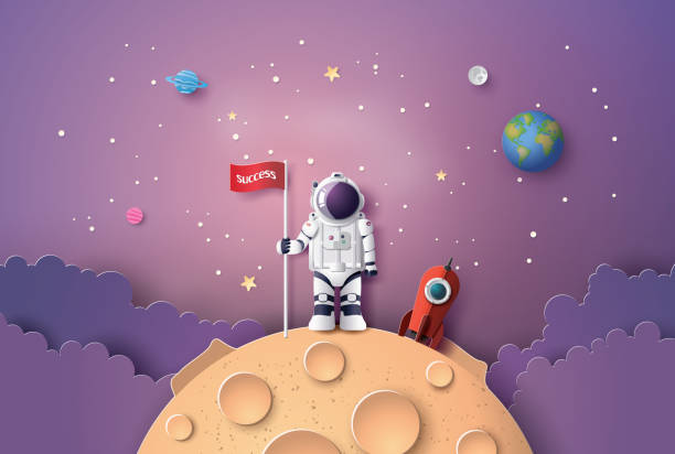 ilustraciones, imágenes clip art, dibujos animados e iconos de stock de astronauta con la bandera en la luna - astronaut
