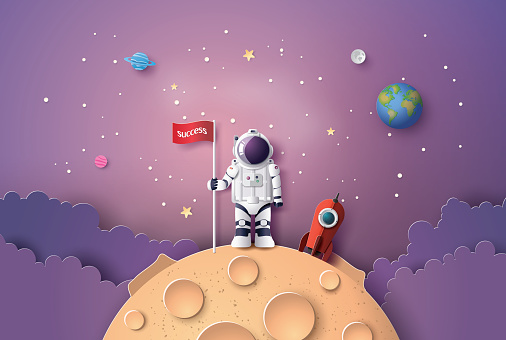 Astronaut with Flag on the moon, Paper art and digital craft style.