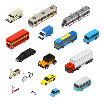 Transport Car 3d Icons Set Isometric View Include of Bus, Truck, Taxi, Motor and Van. Vector illustration of Icon