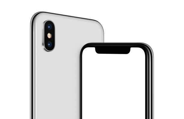 istock Rotated white smartphone mockup front and back sides cropped 980664726