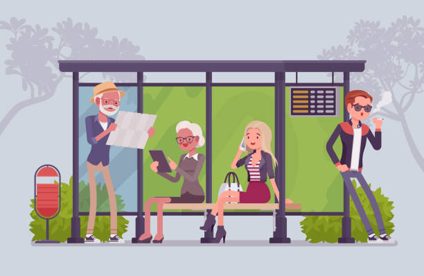 City bus stop people City bus stop people. Diverse group of citizens, passengers wait for a public transportation in town, spend time in expectation. Vector flat style cartoon illustration bus borders stock illustrations