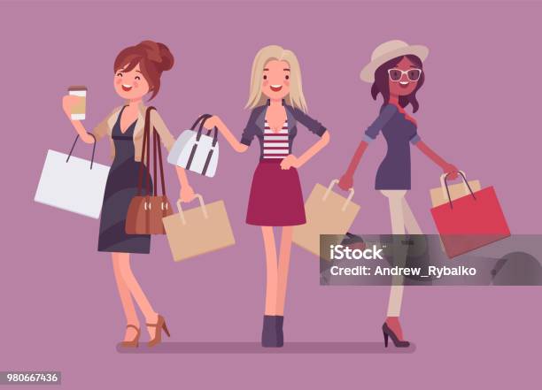 Femmes Heureux Après Le Shopping Vecteurs libres de droits et plus d'images vectorielles de Faire les courses - Faire les courses, Femmes, Commerce