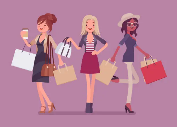 Vector illustration of Happy women after shopping