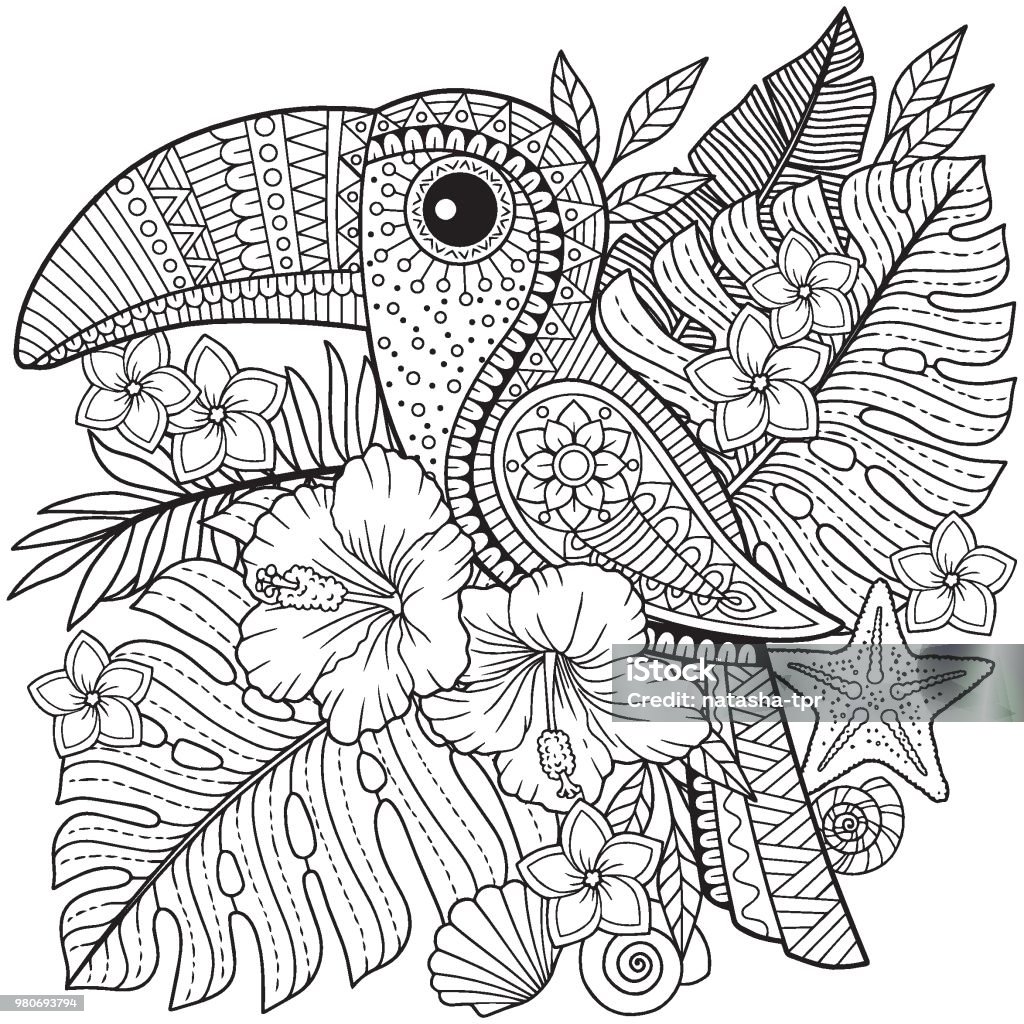 Coloring book for adults. Toucan among tropical leaves and flowers. Coloring book for adults. Toucan among tropical leaves and flowers. Coloring page for relax and relif Page stock vector