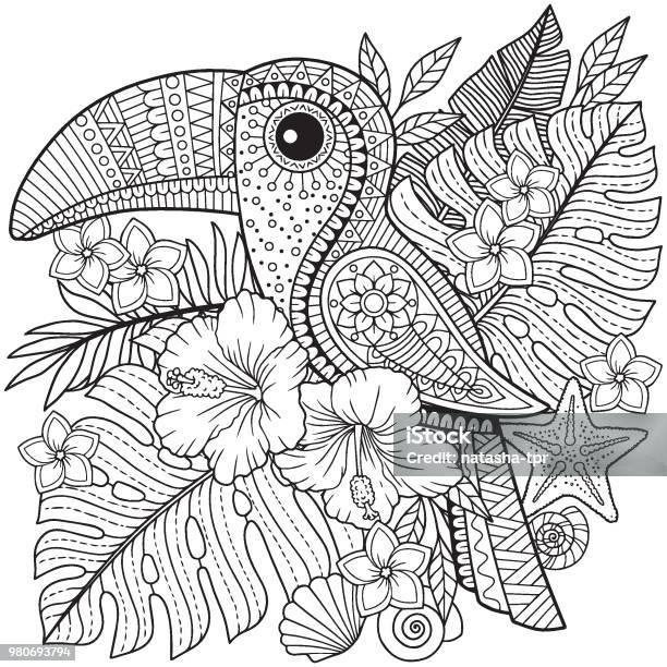 Coloring Book For Adults Toucan Among Tropical Leaves And Flowers Stock Illustration - Download Image Now