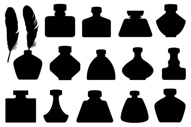 Set of different inkwells Set of different inkwells isolated on white ancient writing tool stock illustrations