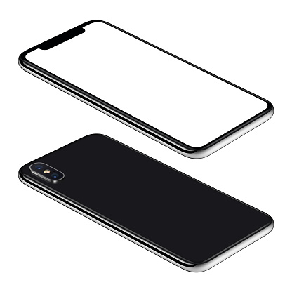 Negro smartphone maqueta frente e isométrica lados traseros ven mentiras CCW rotada en superficie photo
