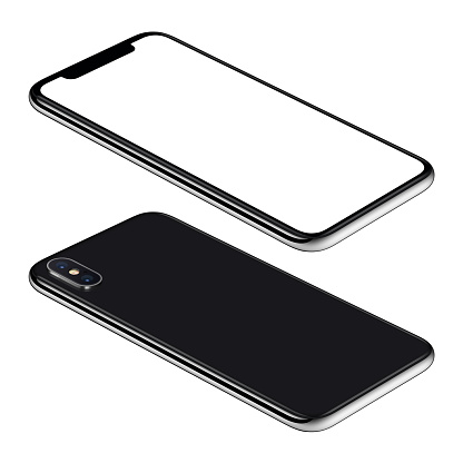 Black smartphone isometric mockup. Frameless smartphone front and back sides isometric view lies on surface. Smartphone Isolated on white background.