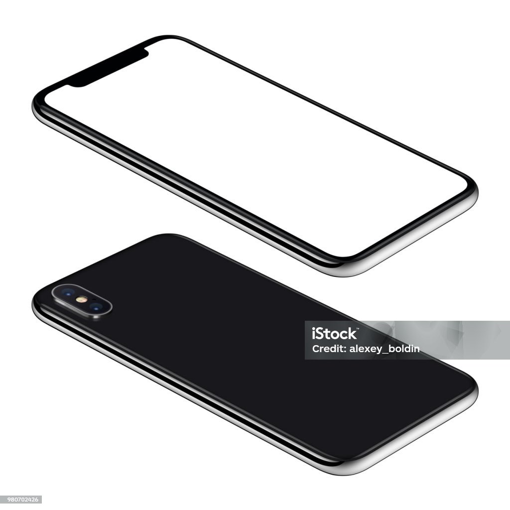 Black smartphone mockup front and back sides isometric view CCW rotated lies on surface Black smartphone isometric mockup. Frameless smartphone front and back sides isometric view lies on surface. Smartphone Isolated on white background. Mobile Phone Stock Photo