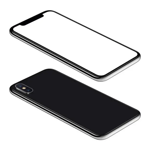 Photo of Black smartphone mockup front and back sides isometric view CCW rotated lies on surface