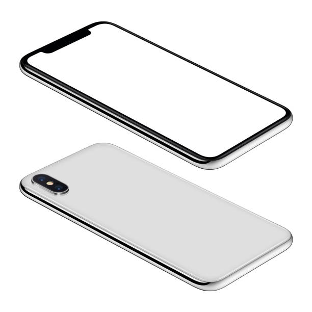 White smartphone mockup front and back sides isometric view CCW rotated lies on surface