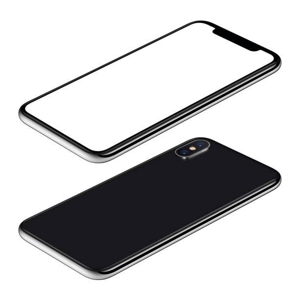 istock Black smartphone mockup front and back sides isometric view CW rotated lies on surface 980703028