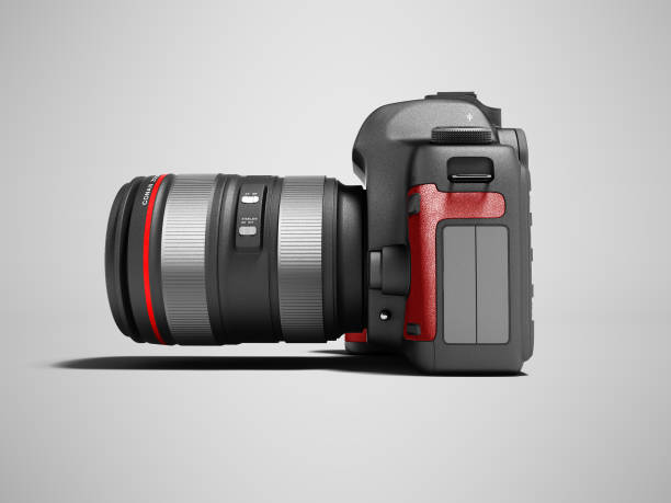 Modern gray zoom camera with red leather inserts on the side 3d render on gray background with shadow