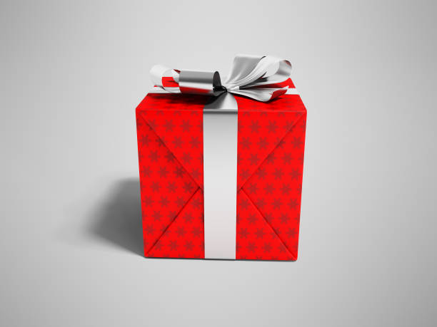 istock Modern red gift with silver ribbon and bow 3d rendering on gray background with shadow 980706286