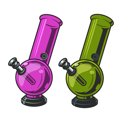 Vintage marijuana bongs template in purple and green colors isolated vector illustration