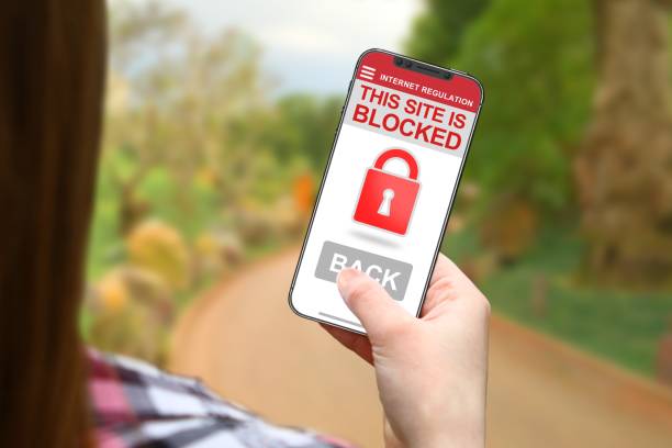 istock Site blocked idea, girl with frameless phone on blurred nature background 980711658