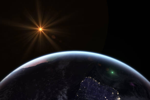 istock Sunrise in space with earth, solar energy concept. 980714096