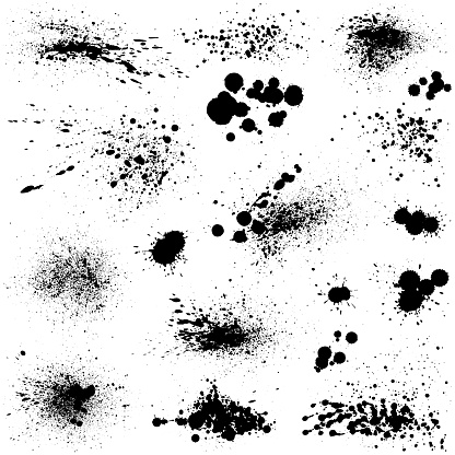 Set of ink splashes. Hand drawn paint design element. Isolated vector grunge image black on white.