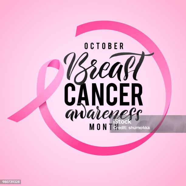 Breast Cancer Awareness Calligraphy Poster Design Ribbon Around Letters Vector Stroke Pink Ribbon October Is Cancer Awareness Month Stock Illustration - Download Image Now