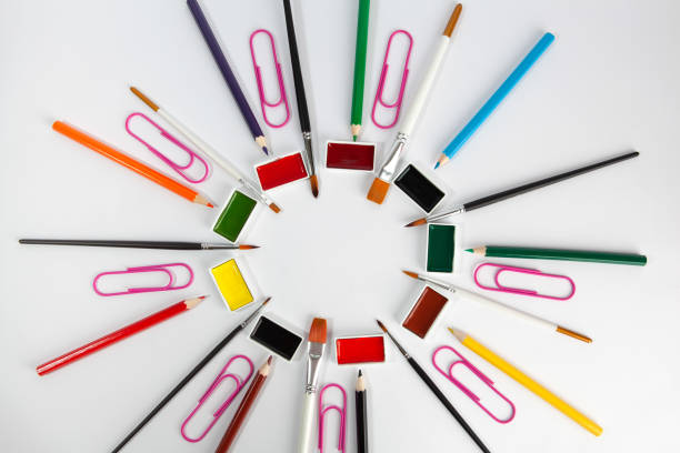 istock Art supplies on white background with copy space in the middle 980739606
