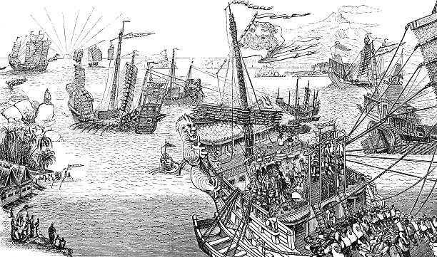 Kublai Khan's Fleet in the Indian Archipelago circa 1280  indo pacific ocean stock illustrations