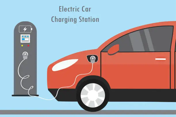 Vector illustration of Modern Red Electric Car and Charging Station