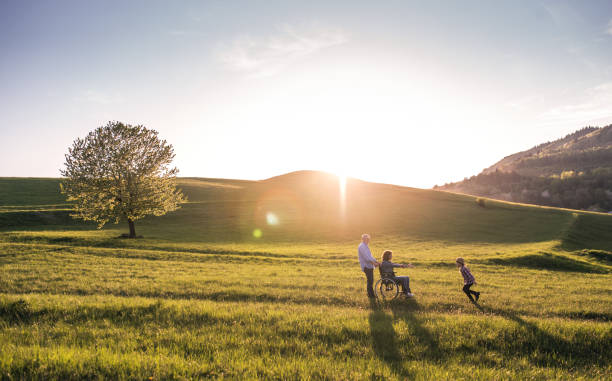 una bambina con i suoi nonni anziani con sedia a rotelle che si diverte fuori nella natura. - spring child field running foto e immagini stock