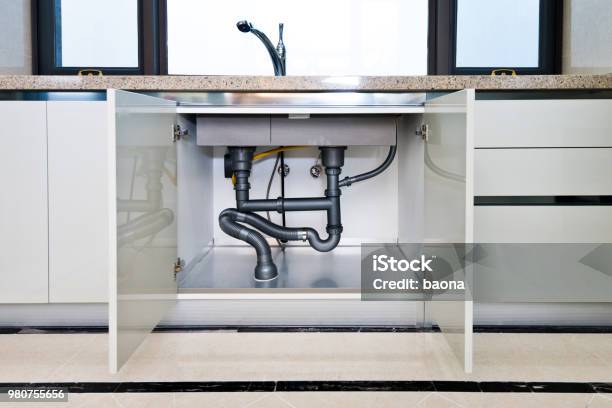 Water Pipe Under Kitchen Sink Stock Photo - Download Image Now - Water Pipe, Sink, Pipe - Tube