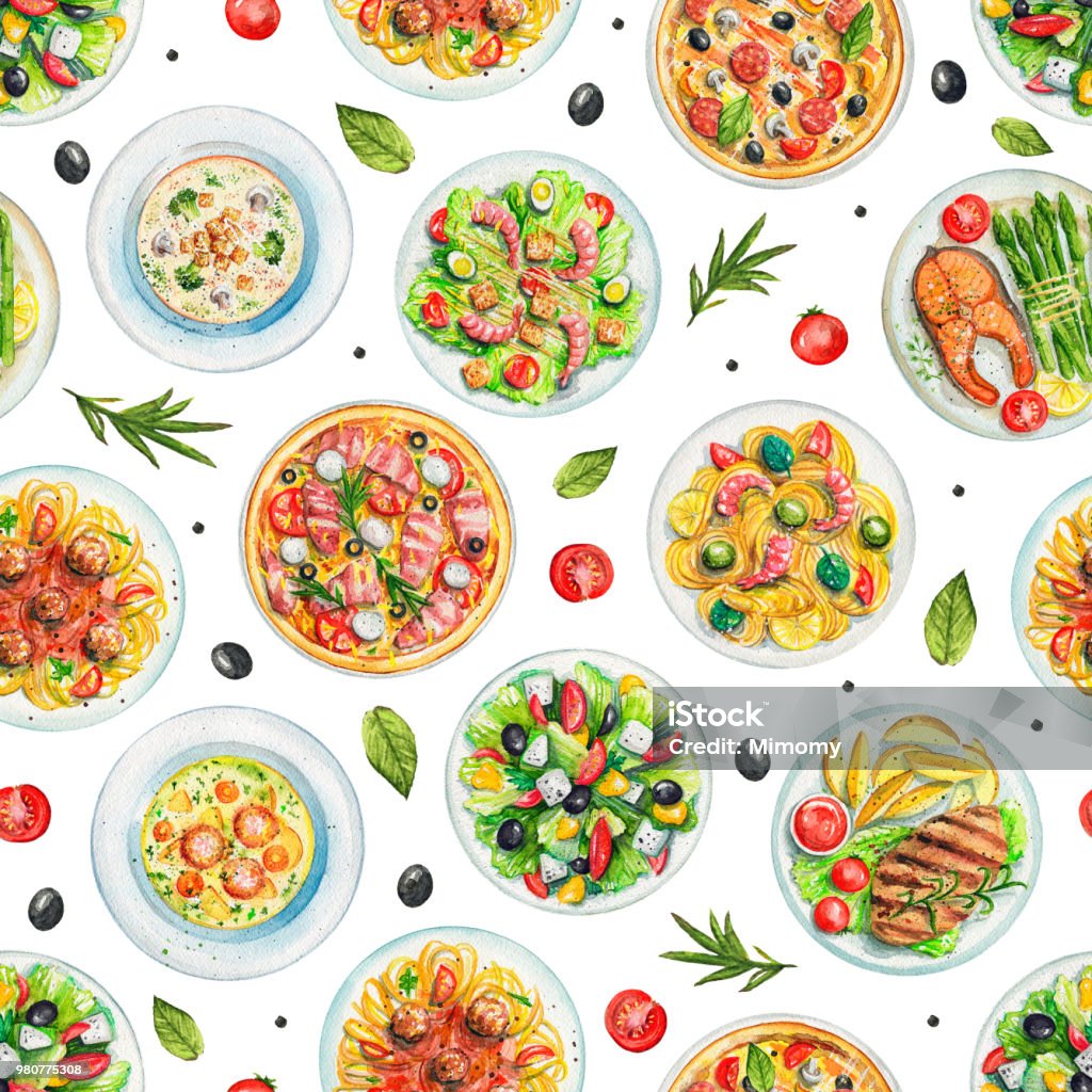 Watercolor seamless pattern with plates with food and vegetables Seamless pattern with salads, pasta, pizzas, soups, vegetables and dishes with two options of steaks on white background. Watercolor hand painted illustration Gourmet stock illustration