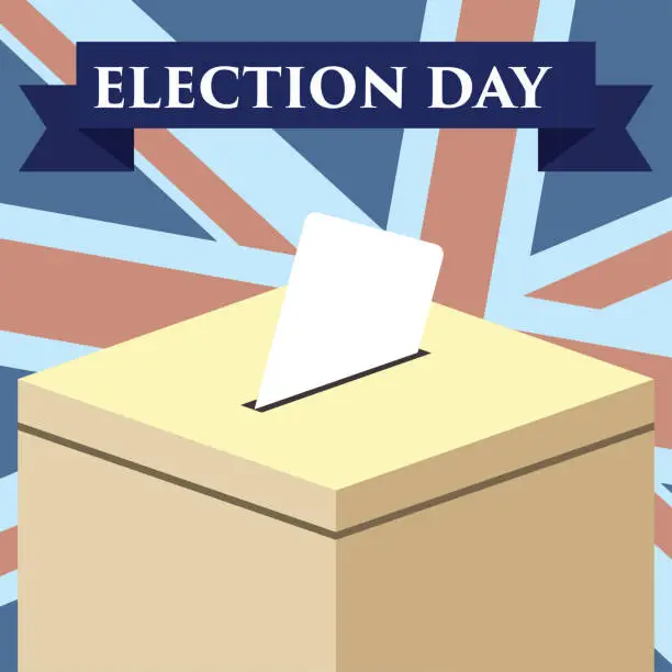 Vector illustration of Election day in United Kingdom. hand holding envelope above vote ballot