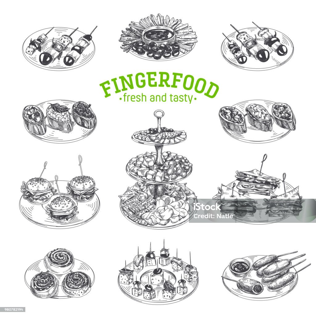 Beautiful vector hand drawn finger food Illustration. Beautiful vector hand drawn finger food Illustrations. Detailed retro style images. Vintage sketch elements for labels, packaging and cards design. Modern background. Appetizer stock vector