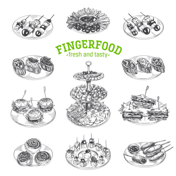 Beautiful vector hand drawn finger food Illustration. Beautiful vector hand drawn finger food Illustrations. Detailed retro style images. Vintage sketch elements for labels, packaging and cards design. Modern background. buffet illustrations stock illustrations