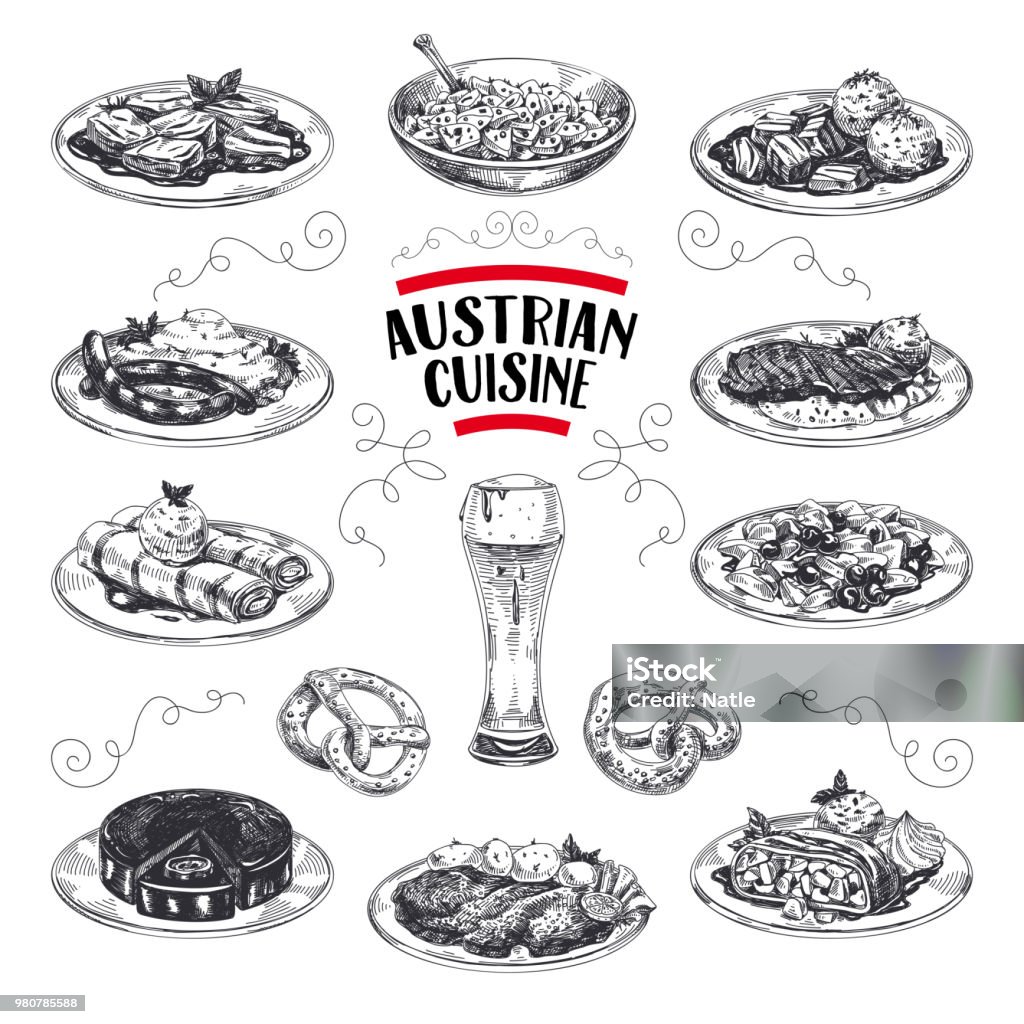 Beautiful vector hand drawn austrian cuisine Illustrations set. Detailed retro style images. Beautiful vector hand drawn austrian cuisine Illustrations set. Detailed retro style images. Vintage sketch elements for labels, packaging and cards design. Modern background. Food stock vector