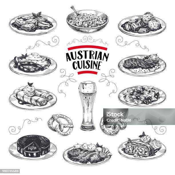 Beautiful Vector Hand Drawn Austrian Cuisine Illustrations Set Detailed Retro Style Images Stock Illustration - Download Image Now