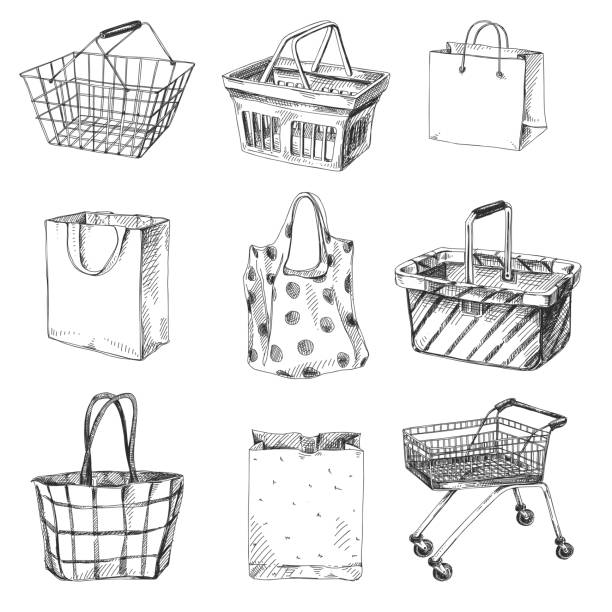 ilustrações de stock, clip art, desenhos animados e ícones de beautiful vector hand drawn shopping cart, bag and basket set illustrations. - cesto ilustrações