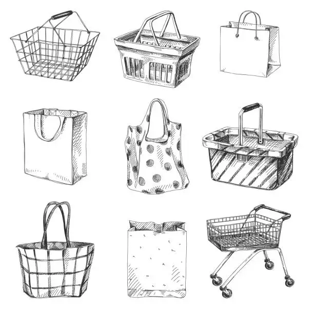 Vector illustration of Beautiful vector hand drawn shopping cart, bag and basket set Illustrations.