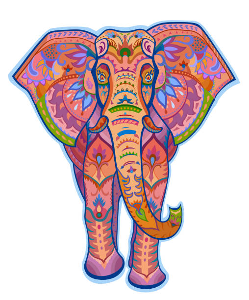 Ethnic ornamented color elephant The stylized colorful figure of an elephant in the festive patterns. Raster illustration elephant ear plant stock illustrations