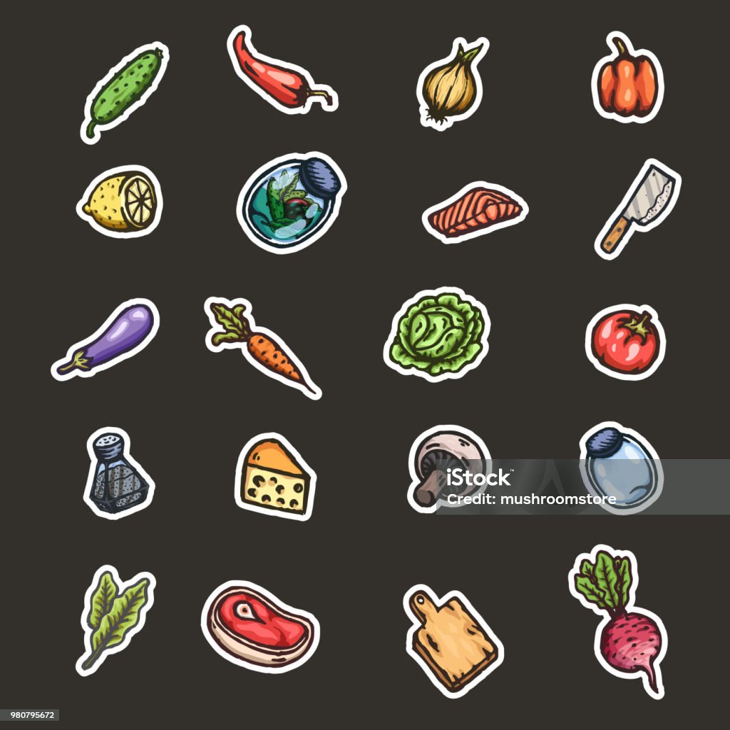 Hand drawn cartoon seamless pattern of food and kitchen stuff. Hand drawn cartoon seamless pattern of food and kitchen stuff. Vector isolated illustrations. Backgrounds stock vector