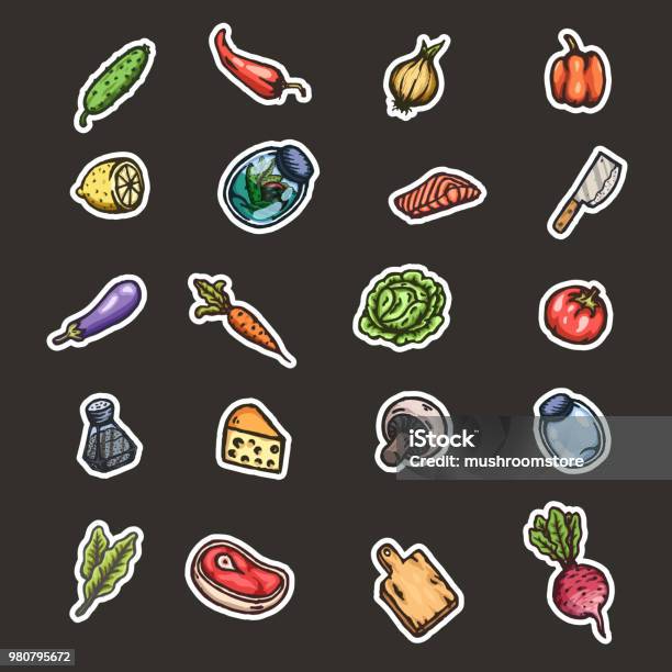 Hand Drawn Cartoon Seamless Pattern Of Food And Kitchen Stuff Stock Illustration - Download Image Now