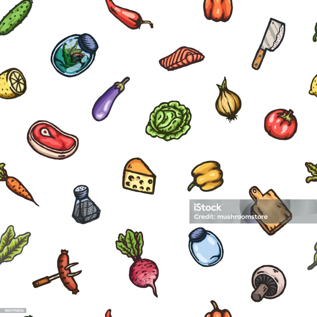 Hand drawn cartoon seamless pattern of food and kitchen stuff. Hand drawn cartoon seamless pattern of food and kitchen stuff. Vector isolated illustrations. Backgrounds stock vector