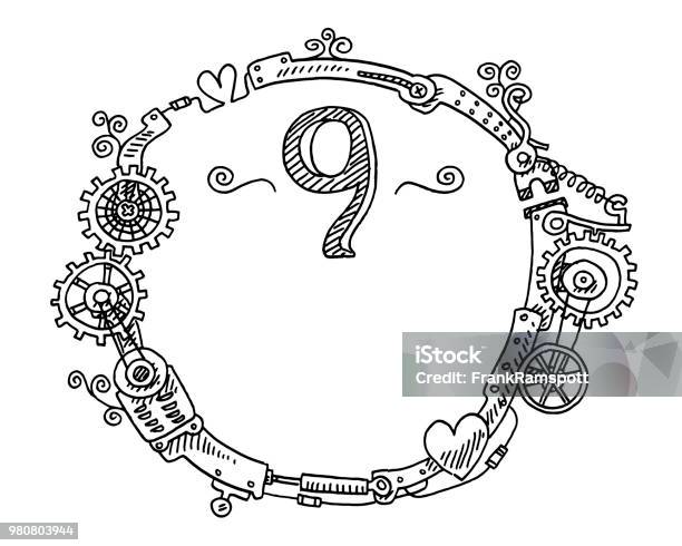 Steampunk Elements Round Frame Number 9 Drawing Stock Illustration - Download Image Now - Black And White, Black Color, Blank