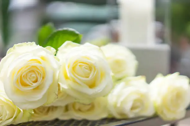 When I photographed a Wedding I saw these roses on a table. The bride an groom put the roses on the side after the wedding ceremony to be congratulated