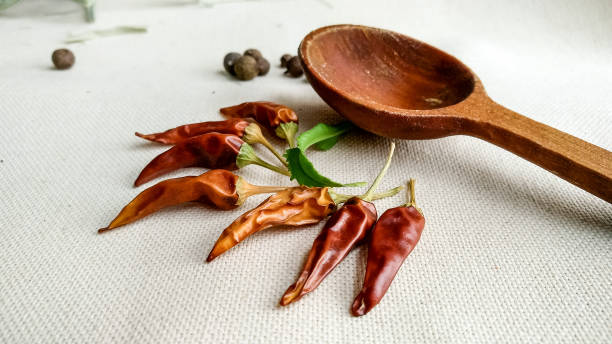 image of small chili pepper bell pepper and wooden spoon - mexico chili pepper bell pepper pepper imagens e fotografias de stock